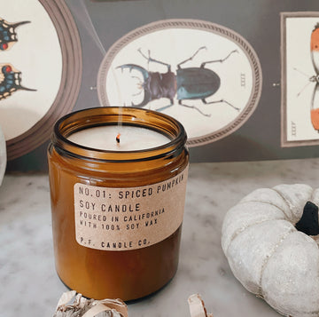 pf candle in spiced pumpkin candle with smoke amber glass jar | piper & chloe 