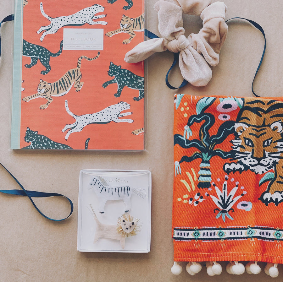 go get 'em tiger gift box with meri meri hairclips, scrunchie, idlewild tiger tea towel and notebook | piper & chloe
