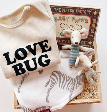 love bug gift box with organic cotton onesie, maileg twin mice and bib | piper & chloe