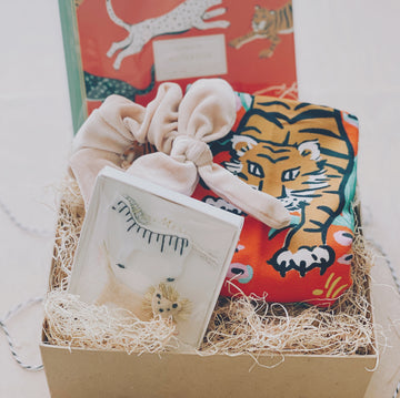 go get 'em tiger gift box with meri meri hairclips, scrunchie, idlewild tiger tea towel and notebook | piper & chloe